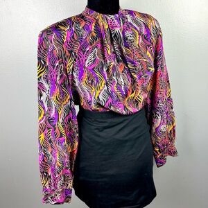 Y. Le. V. Vintage Silk Colorful Ocean Reef Print Pleated Front Blouse